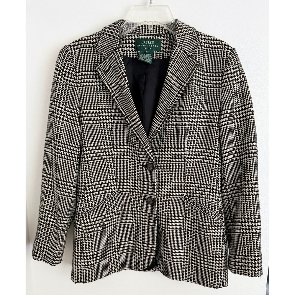 Lauren Ralph Lauren Petite‎ Glen Plaid Wool Silk Cashmere Blazer Equestrian 8P